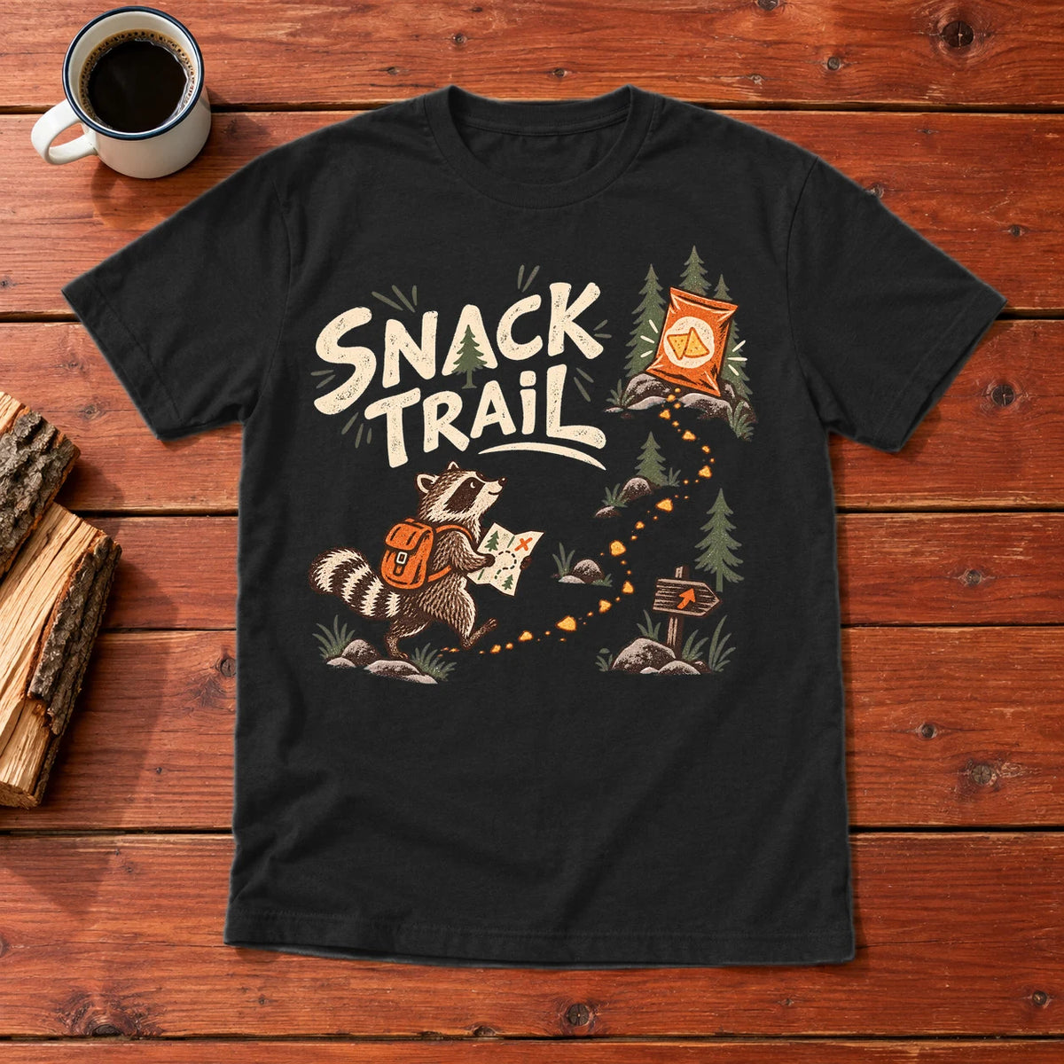 Snack Trail Raccoon Graphic Tee on Black Everyday Soft Tee