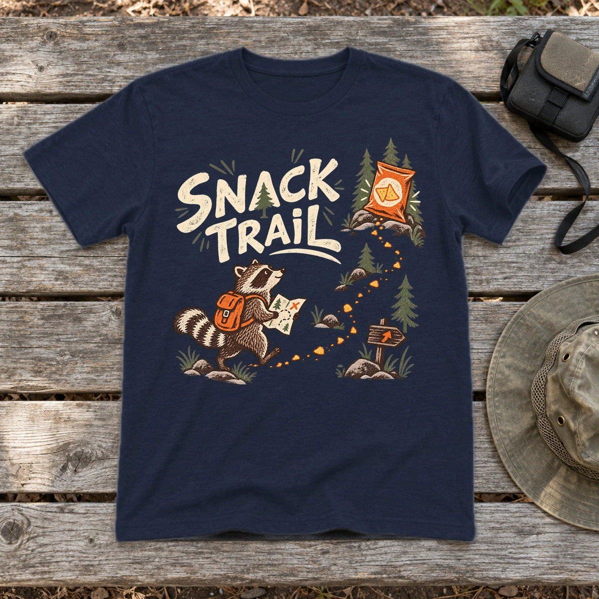 Snack Trail Raccoon Graphic Tee on Navy Everyday Soft Tee