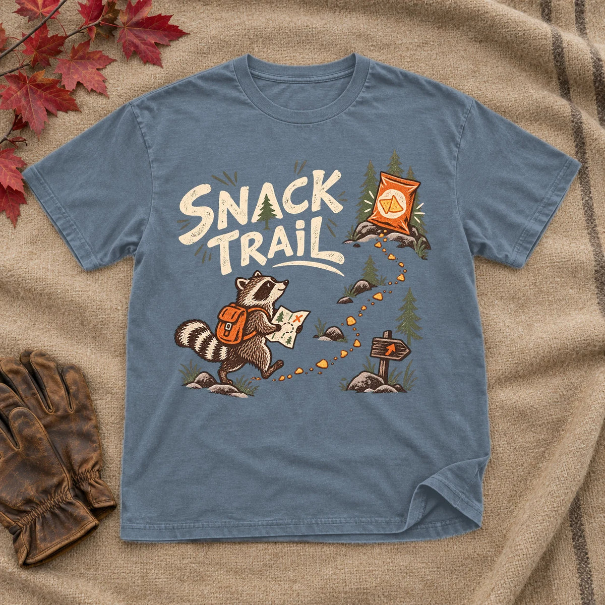 Snack Trail Raccoon Graphic Tee on Heather Indigo Everyday Soft Tee