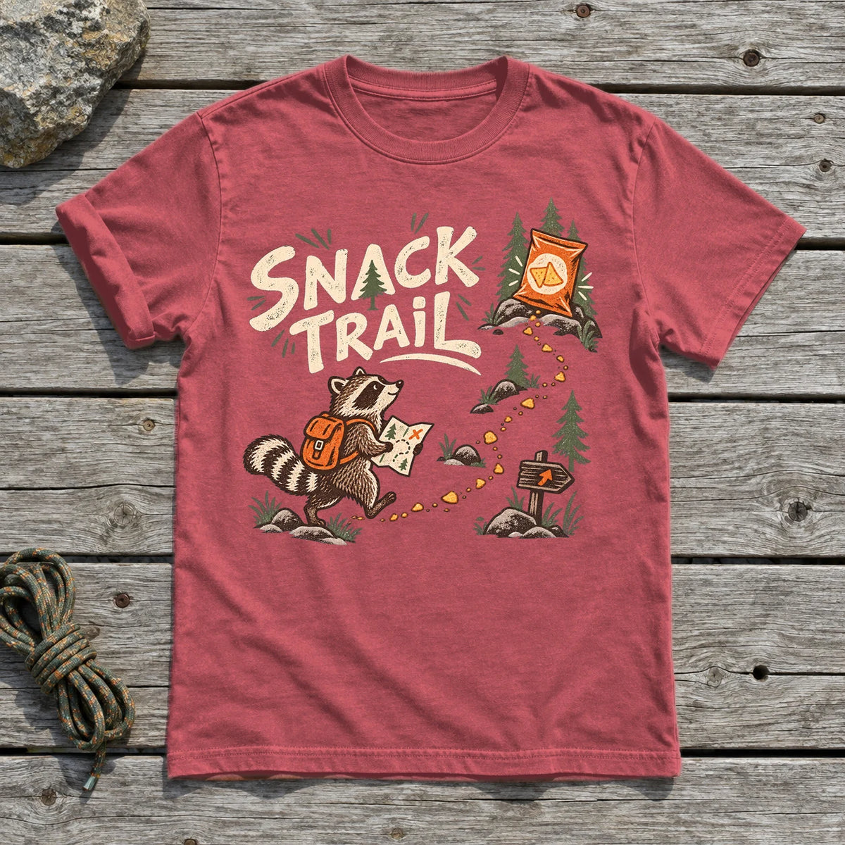 Snack Trail Raccoon Graphic Tee on Heather Red Everyday Soft Tee