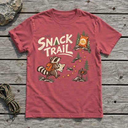 Snack Trail Raccoon Graphic Tee on Heather Red Everyday Soft Tee