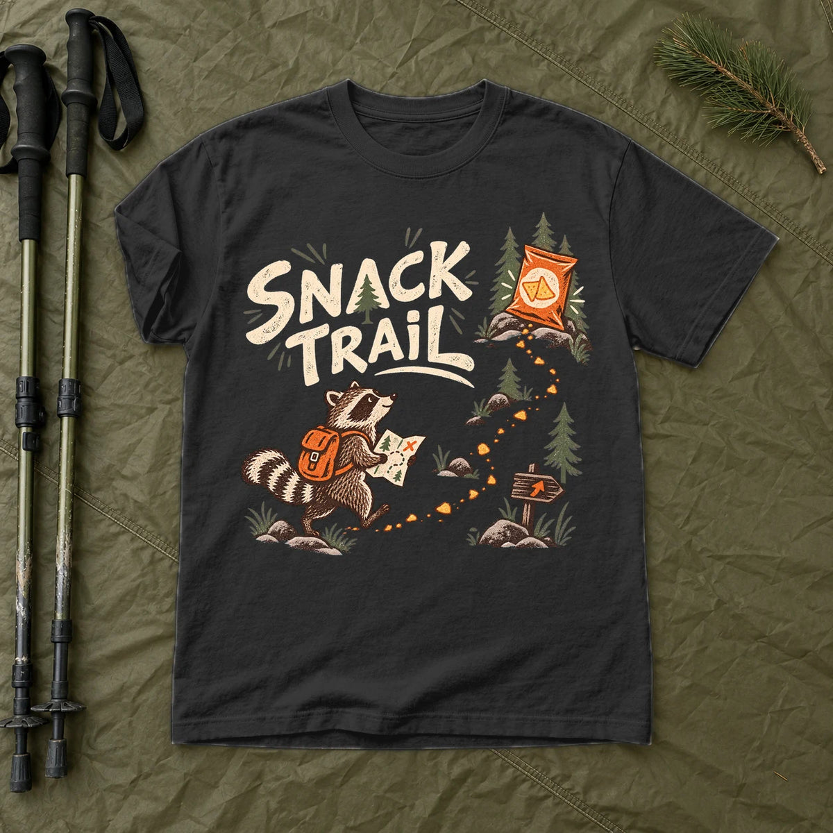 Snack Trail Raccoon Graphic Tee on Black Premium Tee
