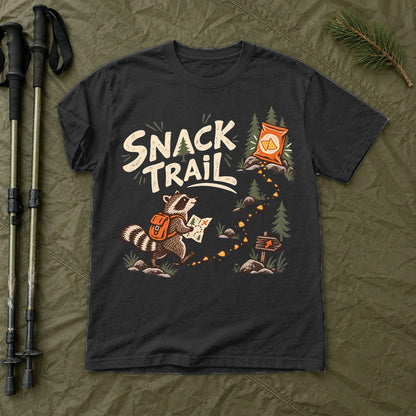 Snack Trail Raccoon Graphic Tee on Black Premium Tee
