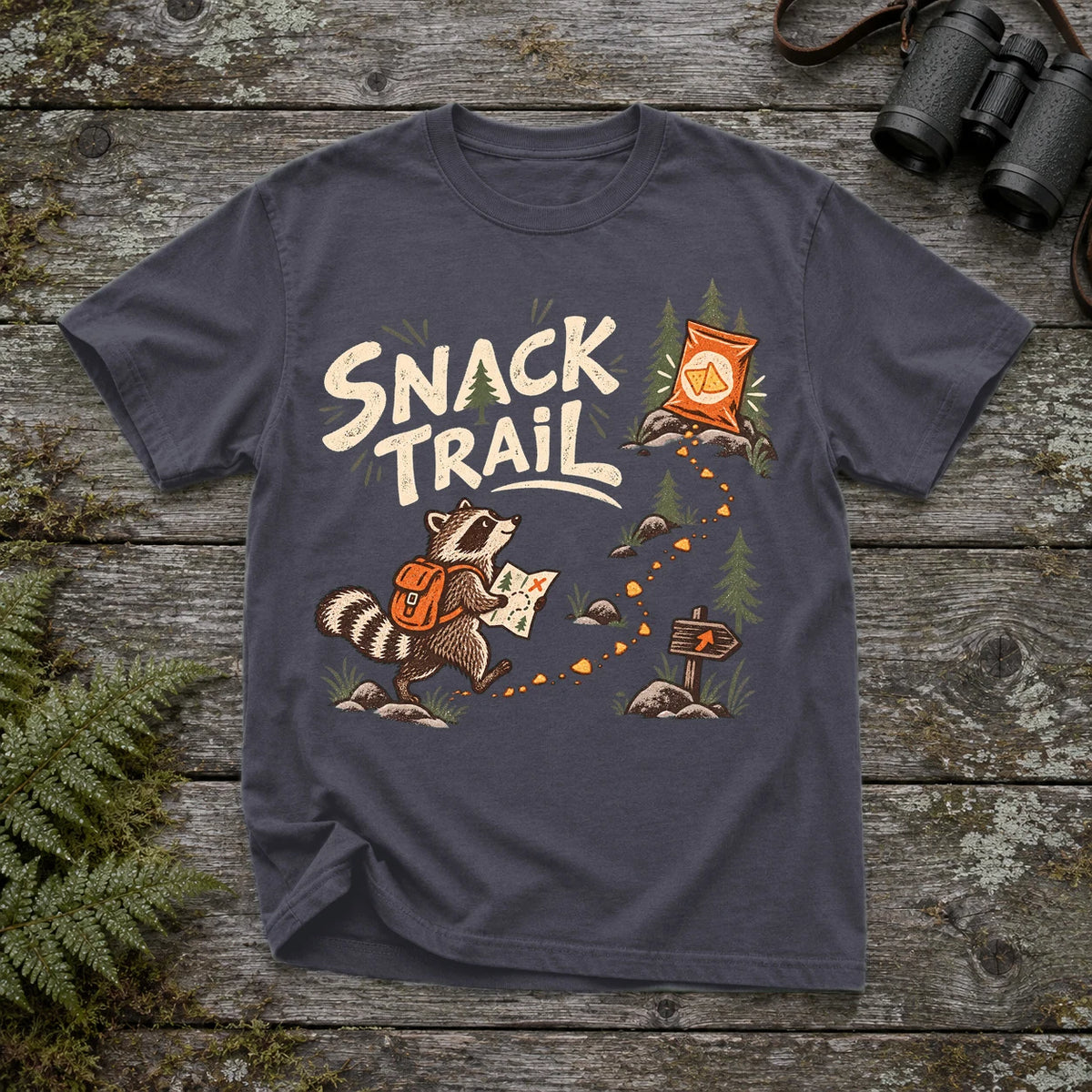 Snack Trail Raccoon Graphic Tee on Navy Premium Tee