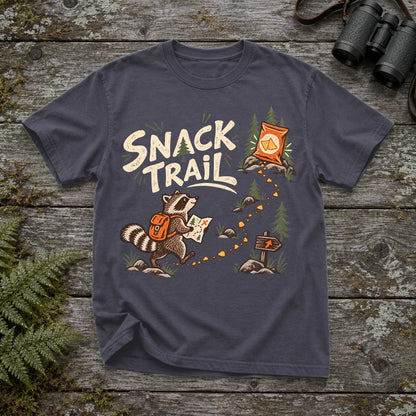 Snack Trail Raccoon Graphic Tee on Navy Premium Tee