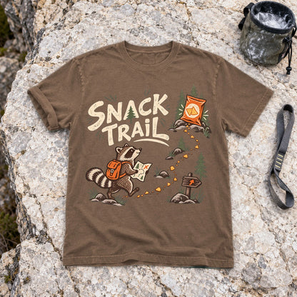 Snack Trail Raccoon Graphic Tee on Espresso Premium Tee