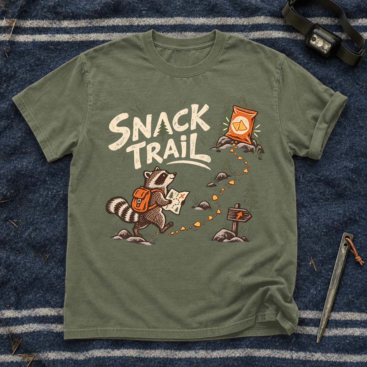 Snack Trail Raccoon Graphic Tee on Moss Premium Tee