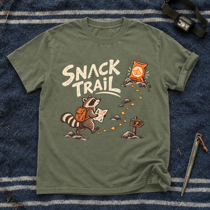 Snack Trail Raccoon Graphic Tee on Moss Premium Tee