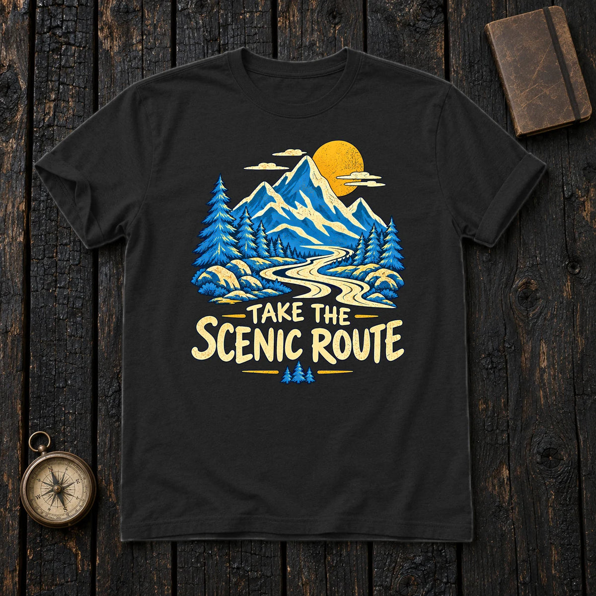 Take The Scenic Route Mountain Graphic Tee on Black Everyday Soft Tee