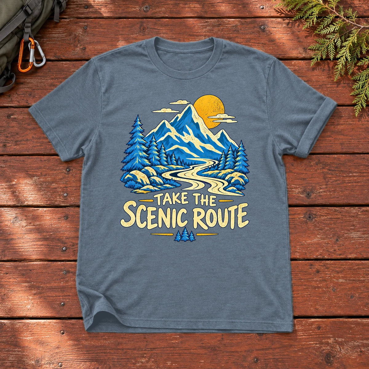 Take The Scenic Route Mountain Graphic Tee on Heather Indigo Everyday Soft Tee