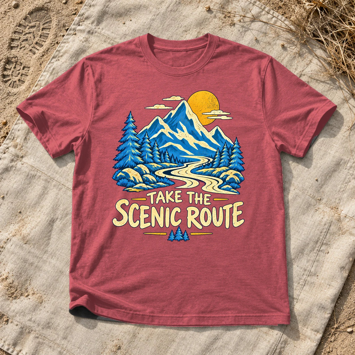 Take The Scenic Route Mountain Graphic Tee on Heather Red Everyday Soft Tee