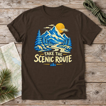 Take The Scenic Route Mountain Graphic Tee on Dark Chocolate Everyday Soft Tee