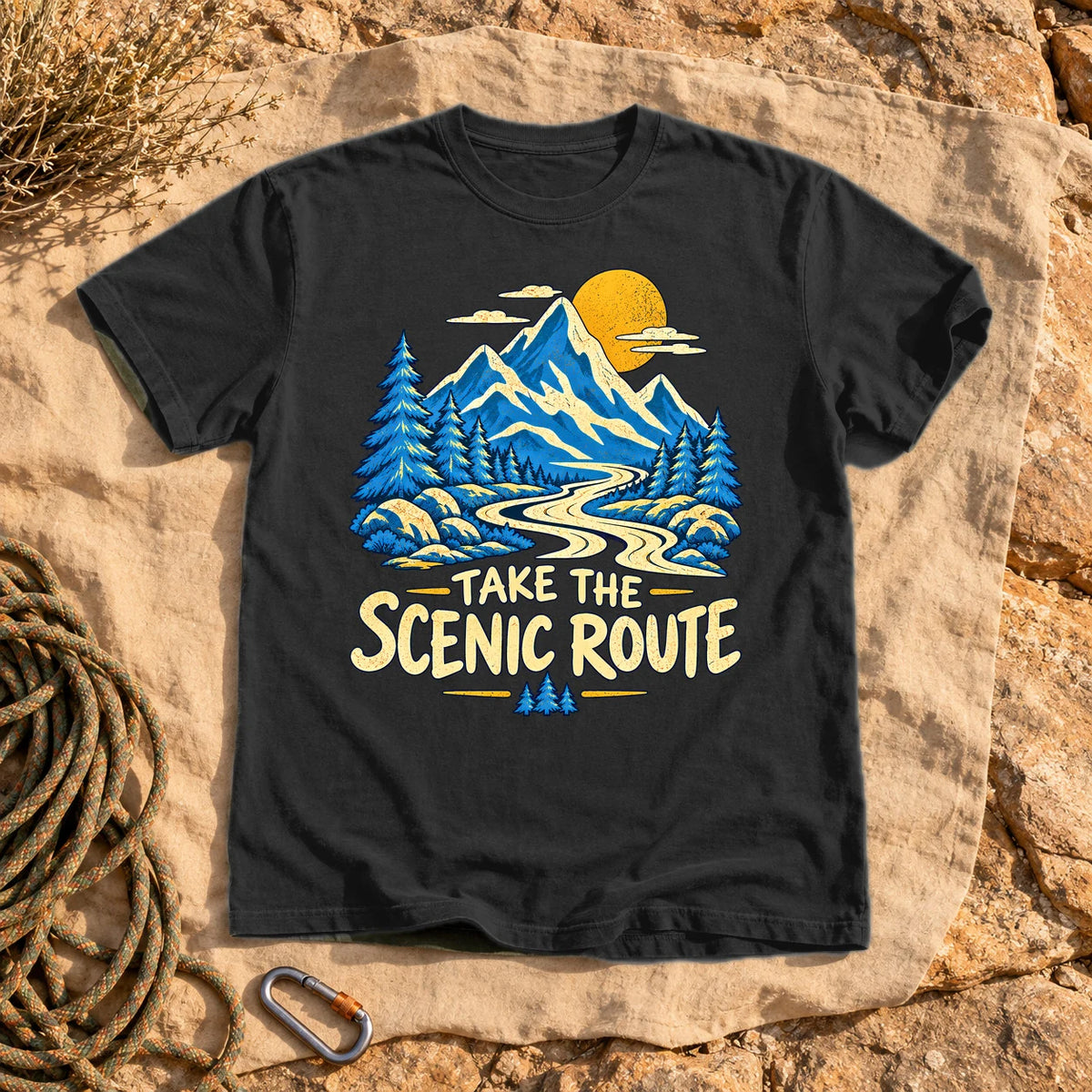 Take The Scenic Route Mountain Graphic Tee on Black Premium Tee