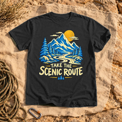 Take The Scenic Route Mountain Graphic Tee on Black Premium Tee