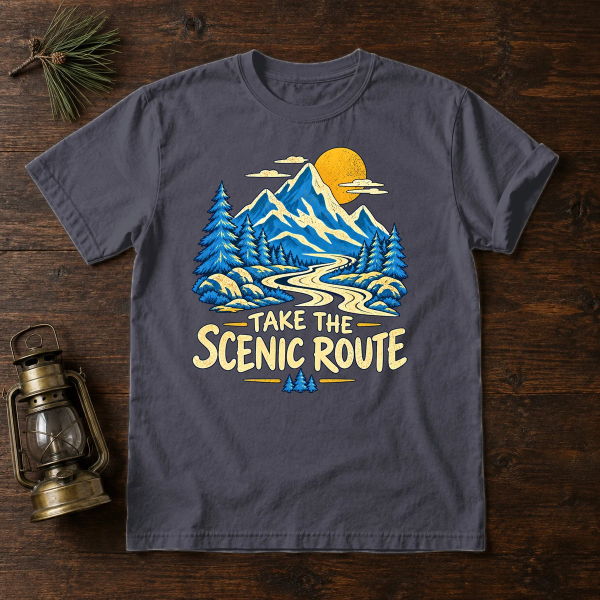 Take The Scenic Route Mountain Graphic Tee on Navy Premium Tee