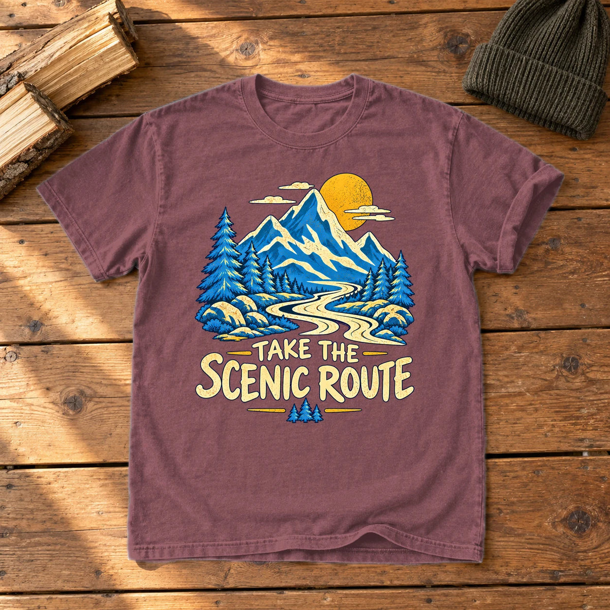 Take The Scenic Route Mountain Graphic Tee on Brick Premium Tee