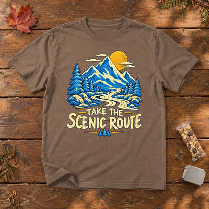 Take The Scenic Route Mountain Graphic Tee on Espresso Premium Tee