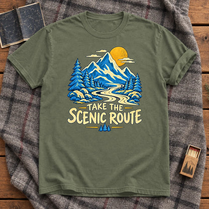 Take The Scenic Route Mountain Graphic Tee on Moss Premium Tee