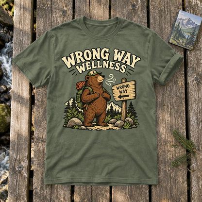 Wrong Way Wellness Graphic Tee on Military Green Everyday Soft Tee