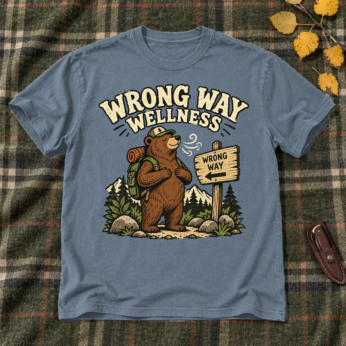 Wrong Way Wellness Graphic Tee on Heather Indigo Everyday Soft Tee