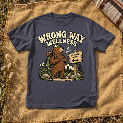Wrong Way Wellness Graphic Tee on Navy Premium Tee