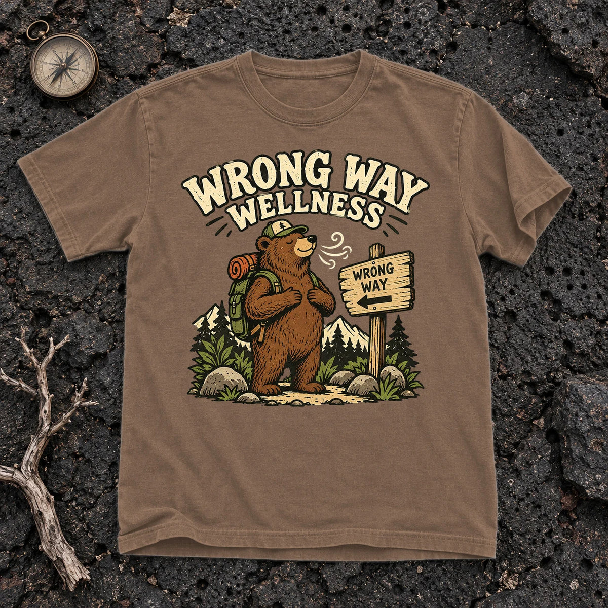Wrong Way Wellness Graphic Tee on Espresso Premium Tee