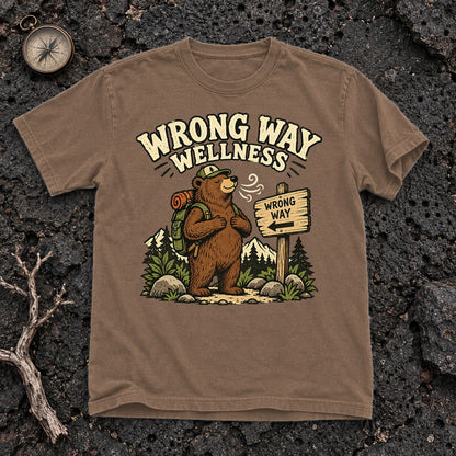 Wrong Way Wellness Graphic Tee on Espresso Premium Tee