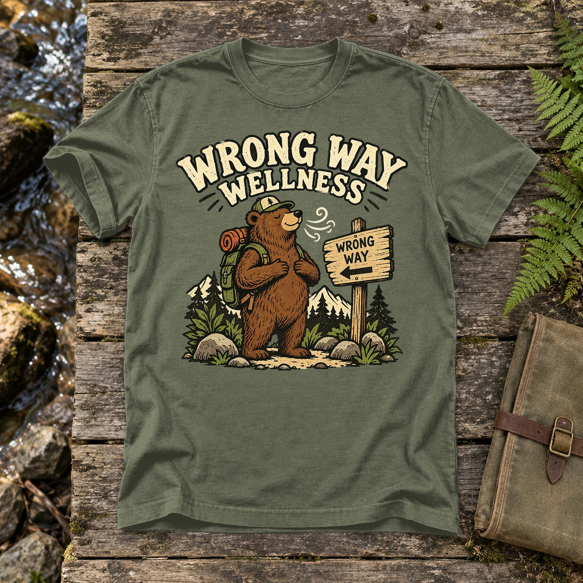 Wrong Way Wellness Graphic Tee on Moss Premium Tee
