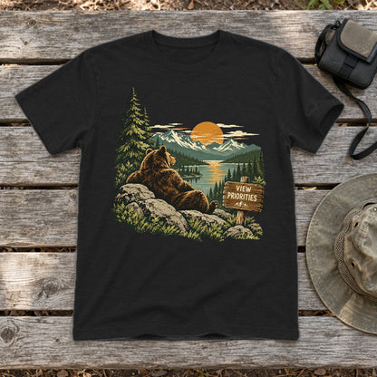 View Priorities Mountain Bear Graphic Tee on Black Everyday Soft Tee