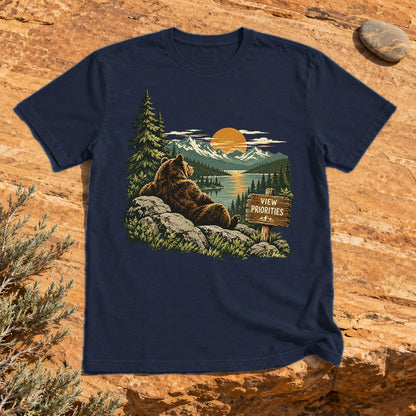 View Priorities Mountain Bear Graphic Tee on Navy Everyday Soft Tee