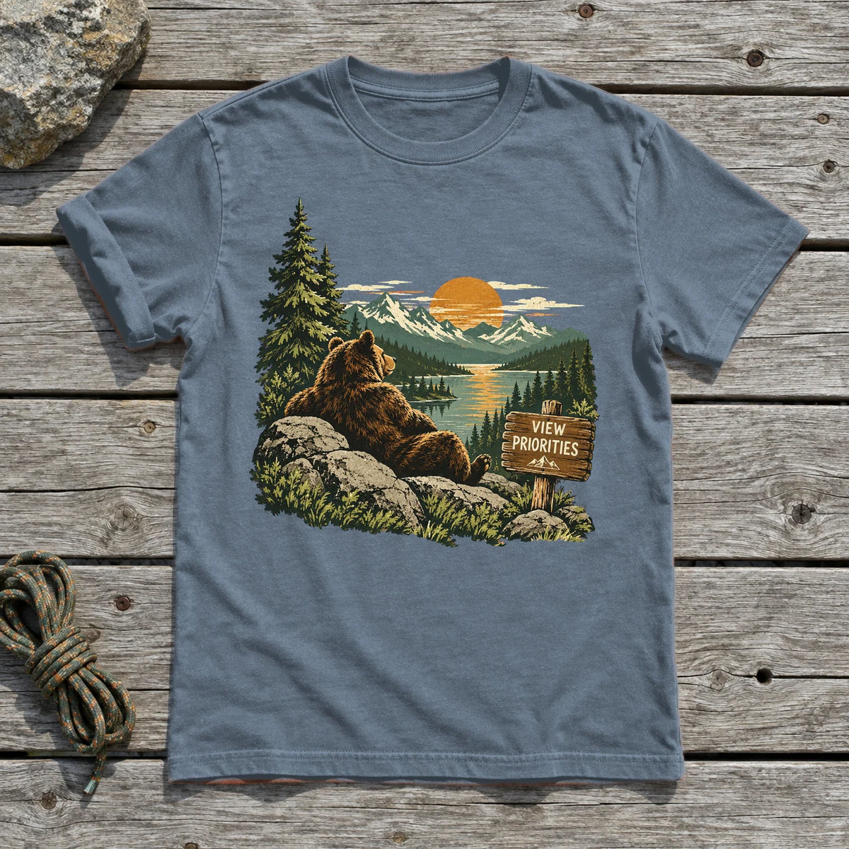 View Priorities Mountain Bear Graphic Tee on Heather Indigo Everyday Soft Tee