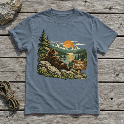 View Priorities Mountain Bear Graphic Tee on Heather Indigo Everyday Soft Tee