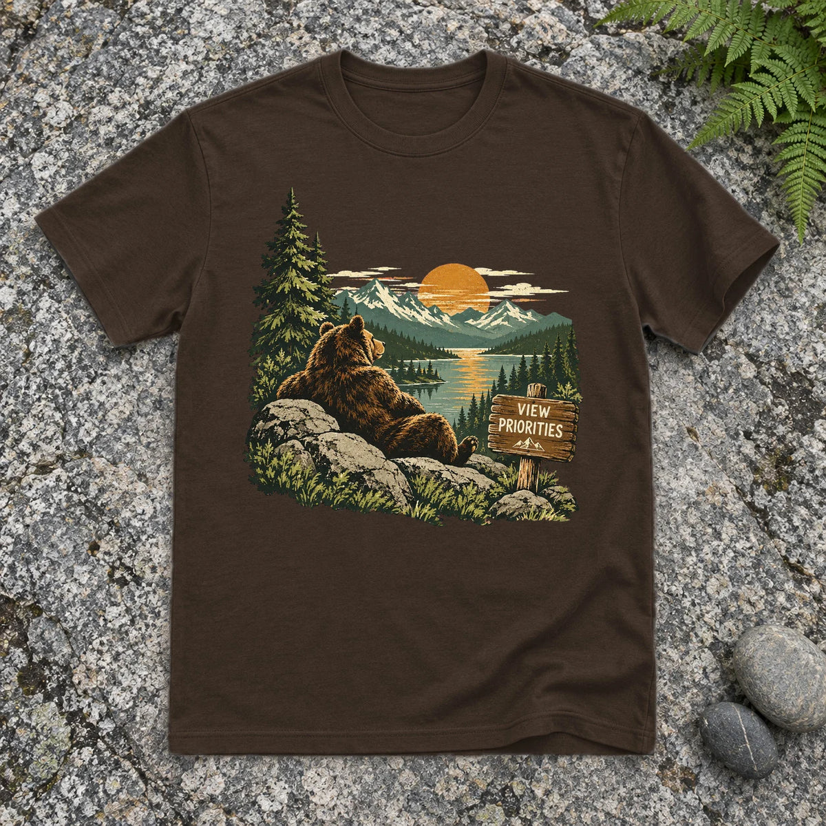 View Priorities Mountain Bear Graphic Tee on Dark Chocolate Everyday Soft Tee