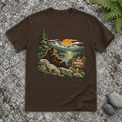 View Priorities Mountain Bear Graphic Tee on Dark Chocolate Everyday Soft Tee