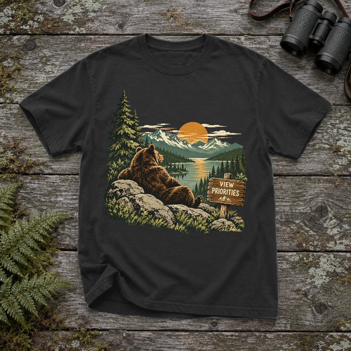 View Priorities Mountain Bear Graphic Tee on Black Premium Tee