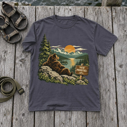 View Priorities Mountain Bear Graphic Tee on Navy Premium Tee