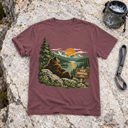 View Priorities Mountain Bear Graphic Tee on Brick Premium Tee