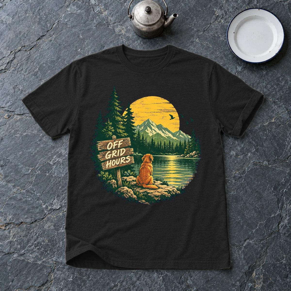 Off Grid Hours Outdoor Dog Graphic Tee on Black Everyday Soft Tee