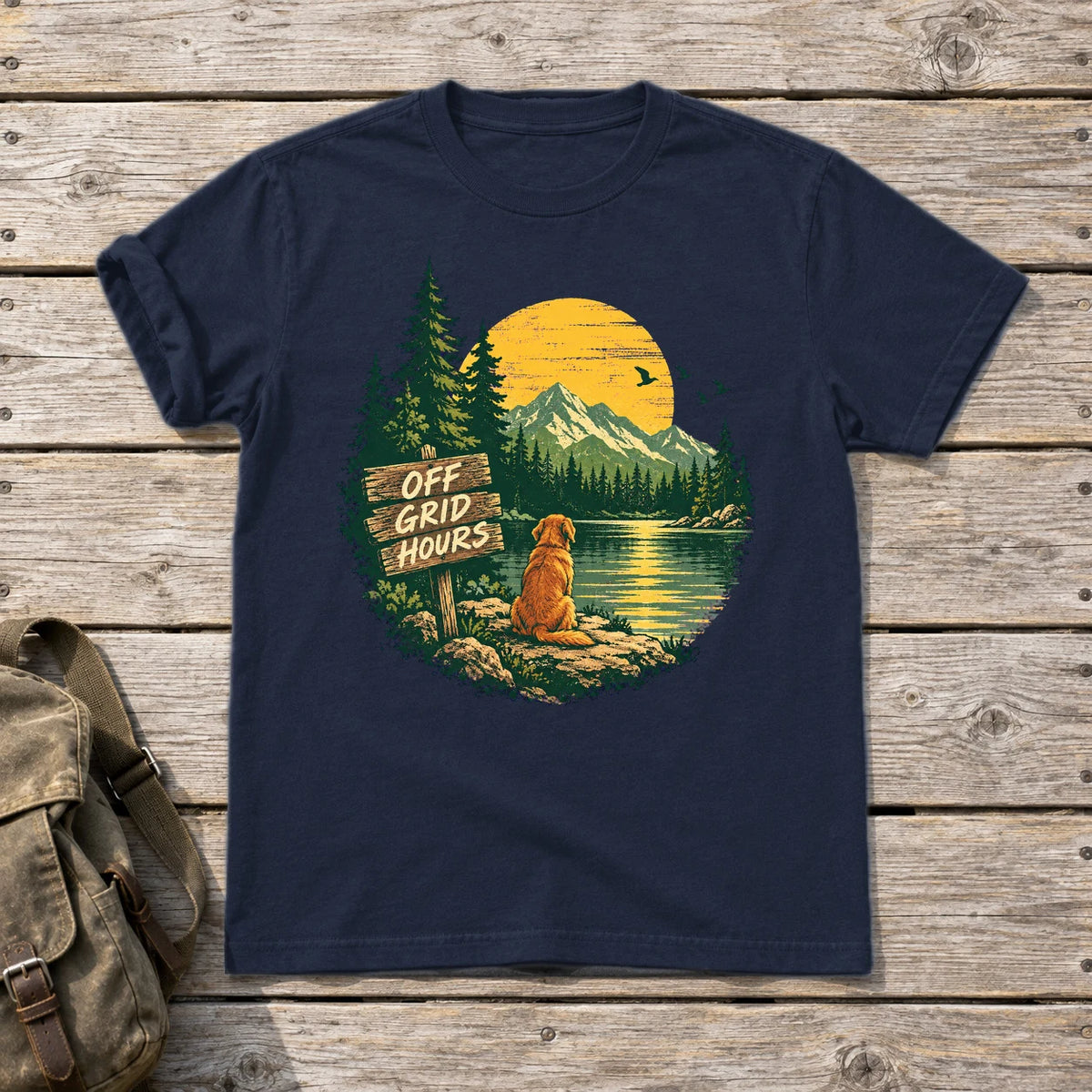 Off Grid Hours Outdoor Dog Graphic Tee on Navy Everyday Soft Tee