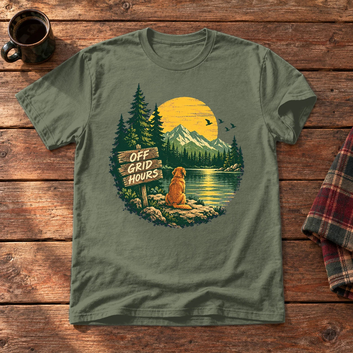 Off Grid Hours Outdoor Dog Graphic Tee on Military Green Everyday Soft Tee