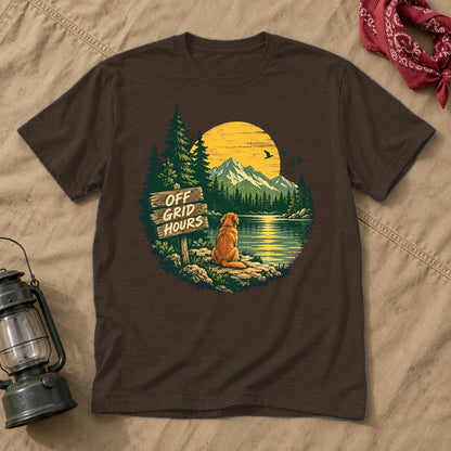 Off Grid Hours Outdoor Dog Graphic Tee on Dark Chocolate Everyday Soft Tee