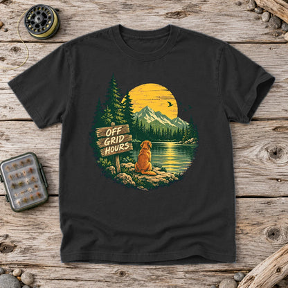 Off Grid Hours Outdoor Dog Graphic Tee on Black Premium Tee