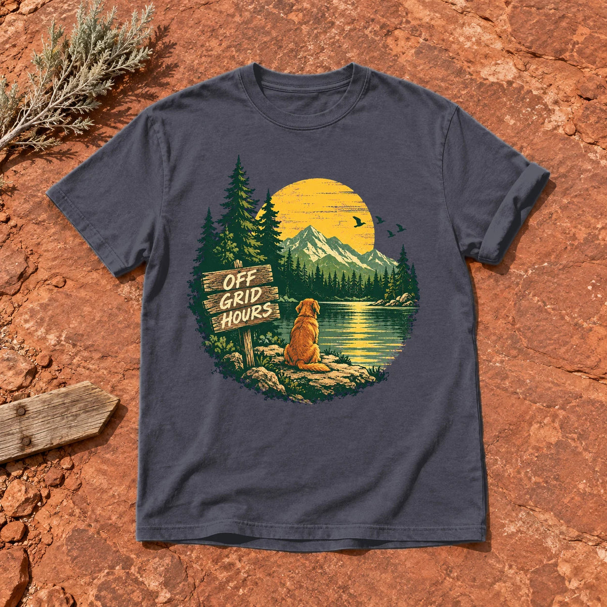 Off Grid Hours Outdoor Dog Graphic Tee on Navy Premium Tee