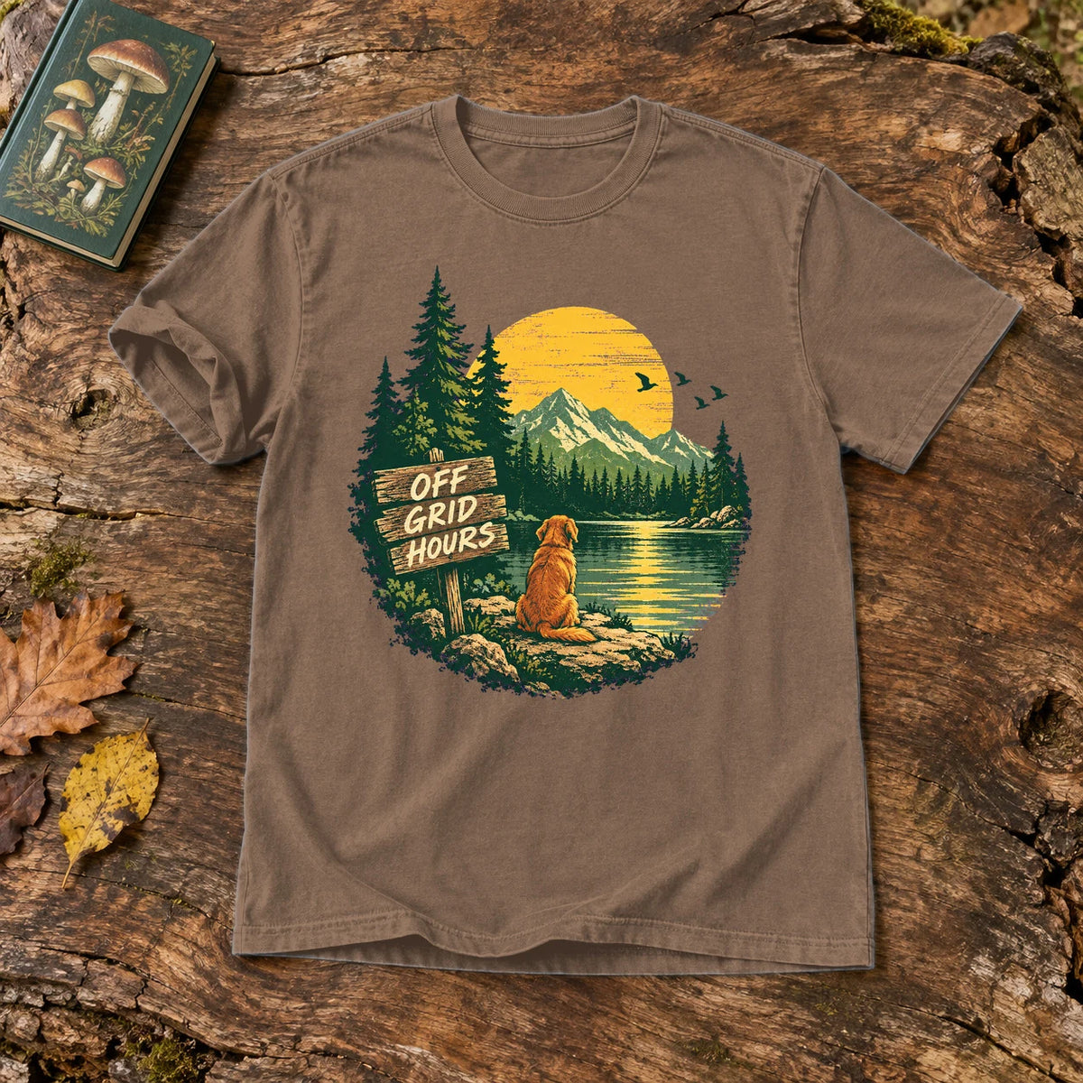 Off Grid Hours Outdoor Dog Graphic Tee on Espresso Premium Tee