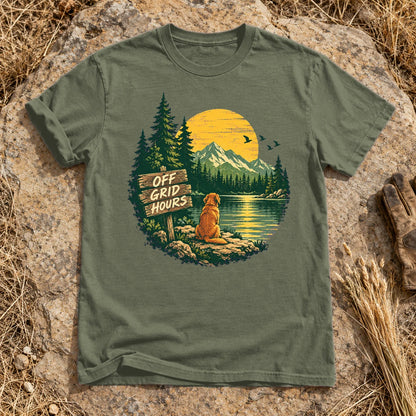 Off Grid Hours Outdoor Dog Graphic Tee on Moss Premium Tee