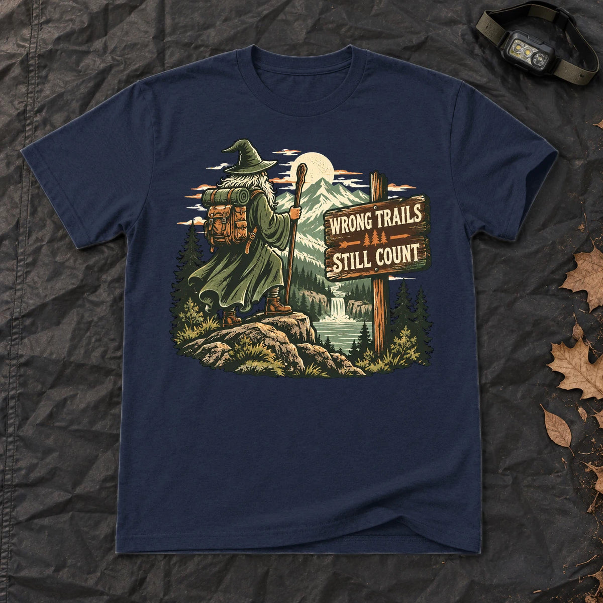 Wrong Trails Still Count Wizard Graphic Tee on Navy Everyday Soft Tee