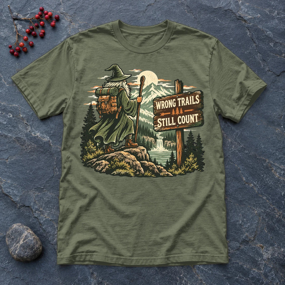 Wrong Trails Still Count Wizard Graphic Tee on Military Green Everyday Soft Tee