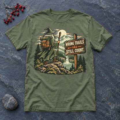 Wrong Trails Still Count Wizard Graphic Tee on Military Green Everyday Soft Tee