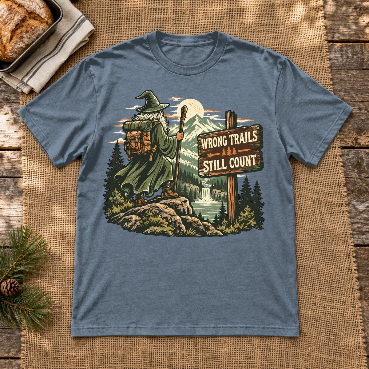 Wrong Trails Still Count Wizard Graphic Tee on Heather Indigo Everyday Soft Tee