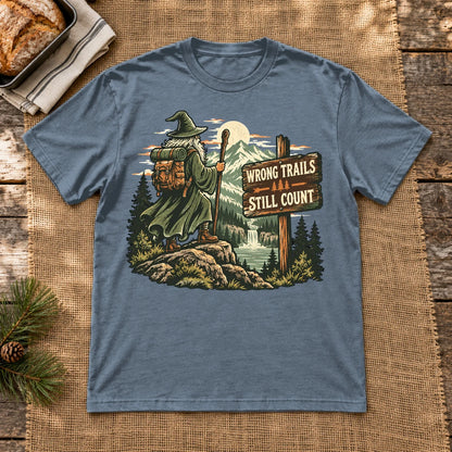 Wrong Trails Still Count Wizard Graphic Tee on Heather Indigo Everyday Soft Tee